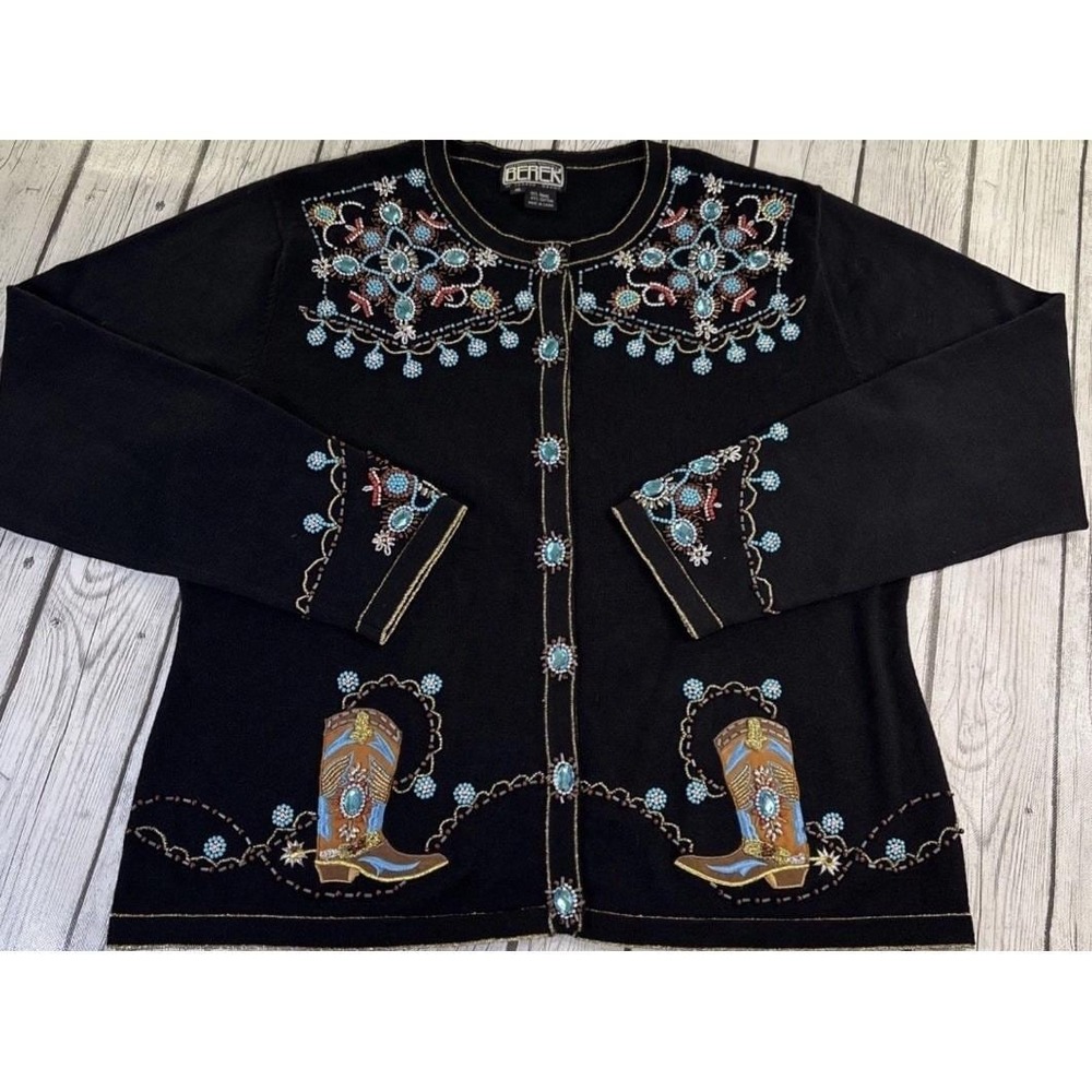 Vintage Berek Takako Sakon Embellished Cardigan Beaded Western Boho Black Medium